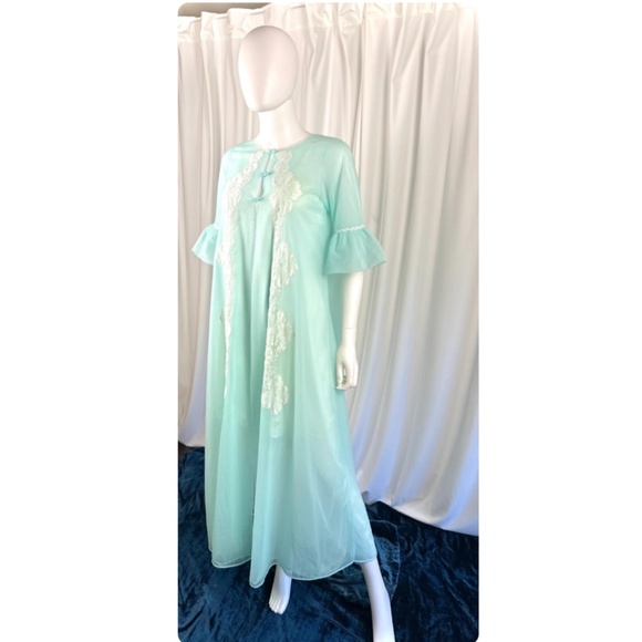 Vintage 50’s 60’s Slumber Suzy Nylon Long Bed Jacket - Robe - Mint Green - Lace - Picture 6 of 10